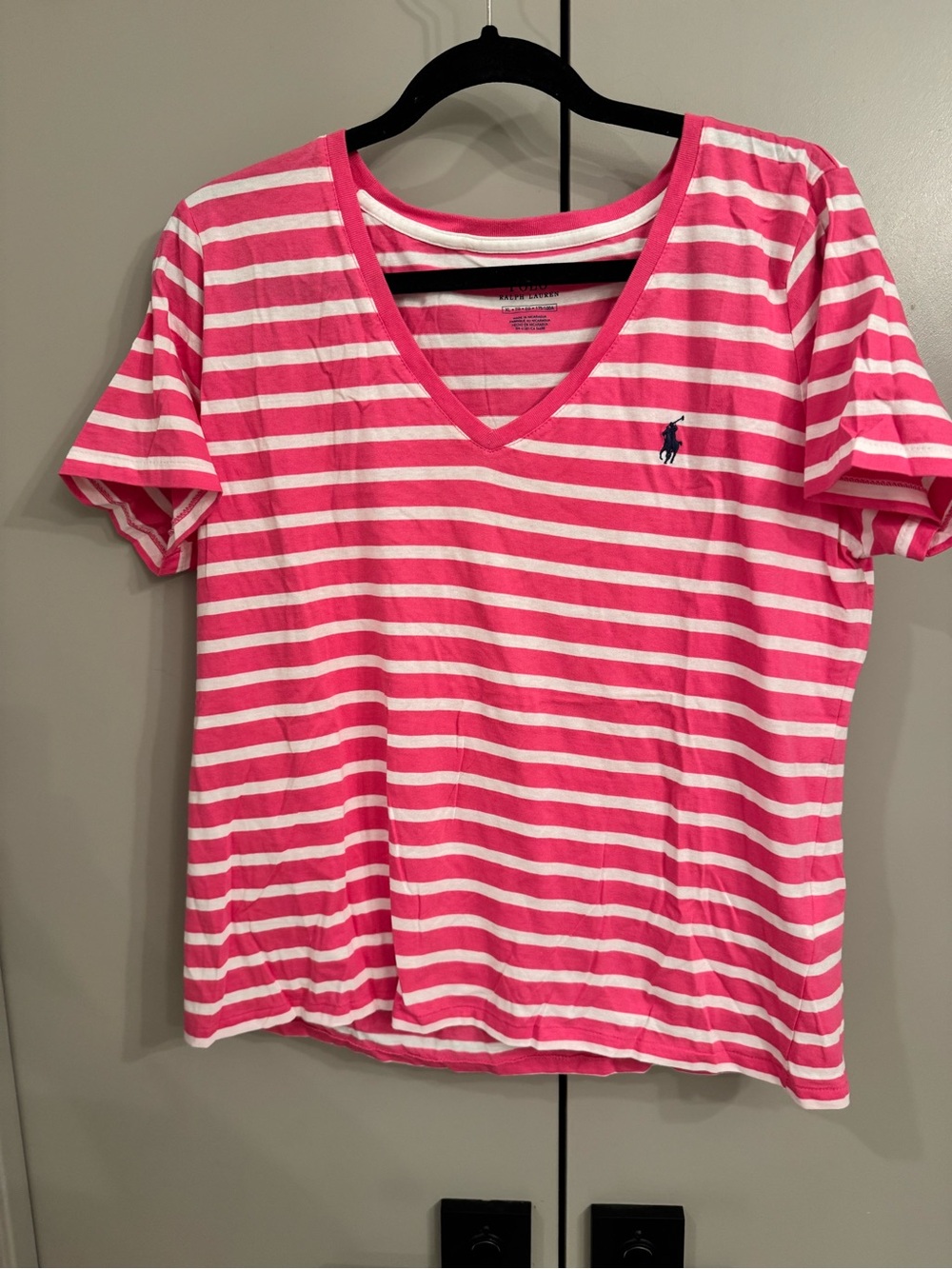 Polo by Ralph Lauren Hot Pink & White Striped V-Neck Tee